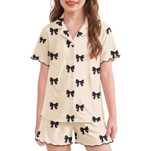 Arshiner Girls Pajamas Button Down Short Set Cute Pjs Soft Sleepwear Loungewear(Black Bow)