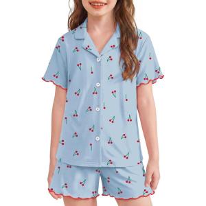 Arshiner Girls Pajamas Button Down Short Set Cute Pjs Soft Sleepwear Loungewear(Blue Cherry)
