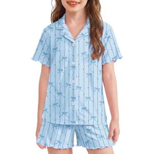 Arshiner Girls Pajamas Button Down Short Set Cute Pjs Soft Sleepwear Loungewear(Blue Striped Bow)