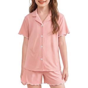 Arshiner Girls Pajamas Button Down Short Set Cute Pjs Soft Sleepwear Loungewear(Light Pink)