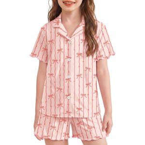 Arshiner Girls Pajamas Button Down Short Set Cute Pjs Soft Sleepwear Loungewear(Pink Striped Bow)