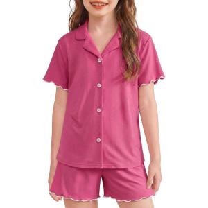 Arshiner Girls Pajamas Button Down Short Set Cute Pjs Soft Sleepwear Loungewear(Rose Red)