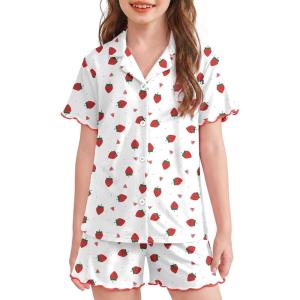 Arshiner Girls Pajamas Button Down Short Set Cute Pjs Soft Sleepwear Loungewear(Strawberry)