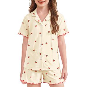 Arshiner Girls Pajamas Button Down Short Set Cute Pjs Soft Sleepwear Loungewear(Yellow Cherry)