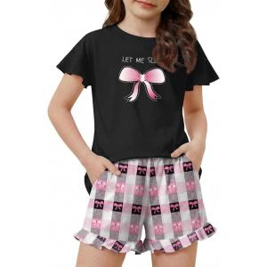 Arshiner Girls Pajamas Ruffle Short Sets Summer Sleepwear Soft Clothes Kids Pjs(Bow)