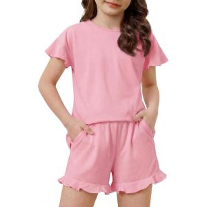 Arshiner Girls Pajamas Ruffle Short Sets Summer Sleepwear Soft Clothes Kids Pjs(Pink)