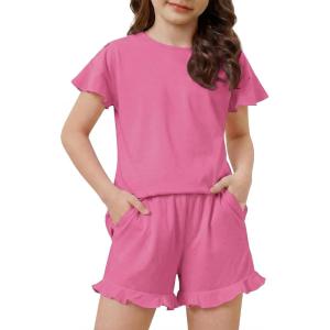 Arshiner Girls Pajamas Ruffle Short Sets Summer Sleepwear Soft Clothes Kids Pjs(Rose Red)