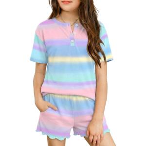 Arshiner Girls Pajamas Short Sleeve Button Pjs Cute Lettuce Loungewear Tie Dye Sleepwear(Blue Purple Gradient)