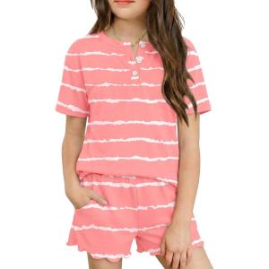 Arshiner Girls Pajamas Short Sleeve Button Pjs Cute Lettuce Loungewear Tie Dye Sleepwear(Tie Dye Pink Stripes)