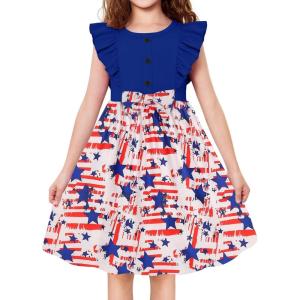 Arshiner Toddler Dress Girls Ruffle Sleeve Summer Dresses Cute Bow Tie Botton Down Party Sundress for 2-7 Years(Flag)