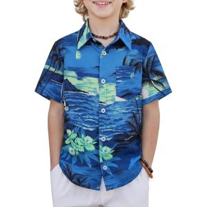 Boys Hawaiian Shirt Tropical Short Sleeve Button Down Shirt Summer Floral Beach Shirts with Pocket for 4-14 Years(Blue-coconut Tree Scenery)