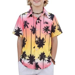 Boys Hawaiian Shirt Tropical Short Sleeve Button Down Shirt Summer Floral Beach Shirts with Pocket for 4-14 Years(Tie Dye – Palm Tree)