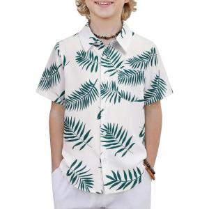 Boys Hawaiian Shirt Tropical Short Sleeve Button Down Shirt Summer Floral Beach Shirts with Pocket for 4-14 Years(White -Green Leaf)