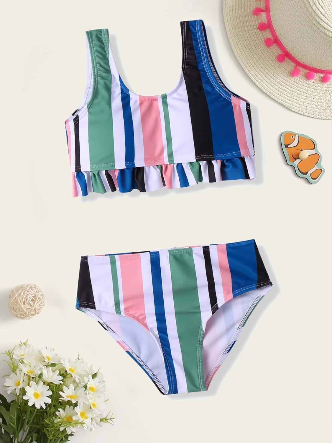 image:imageArshiner Girls Bikini Beach Swimwear 2 Piece Swimsuits Floral Printing Bathing SuitsStripes Pattern