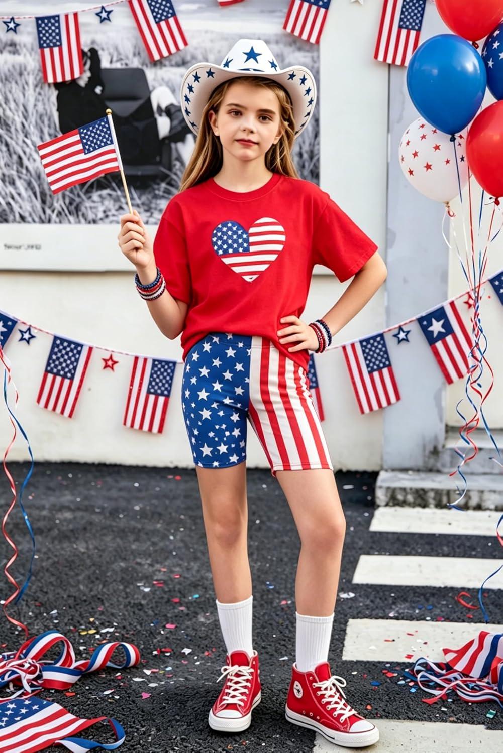 image:imageArshiner Girls Clothes Summer 2 Piece Outfits Drop Shoulder TShirts and Biker Shorts Kids Fashion Clothing SetsRedwhiteblue Star