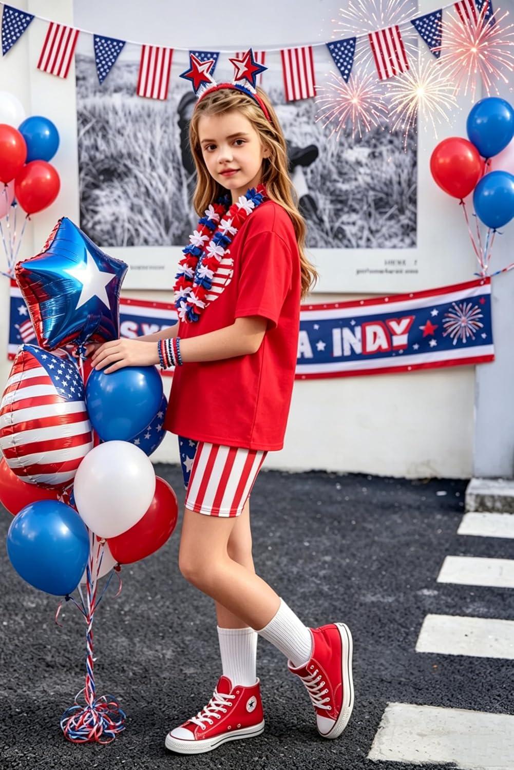 image:imageArshiner Girls Clothes Summer 2 Piece Outfits Drop Shoulder TShirts and Biker Shorts Kids Fashion Clothing SetsRedwhiteblue Star