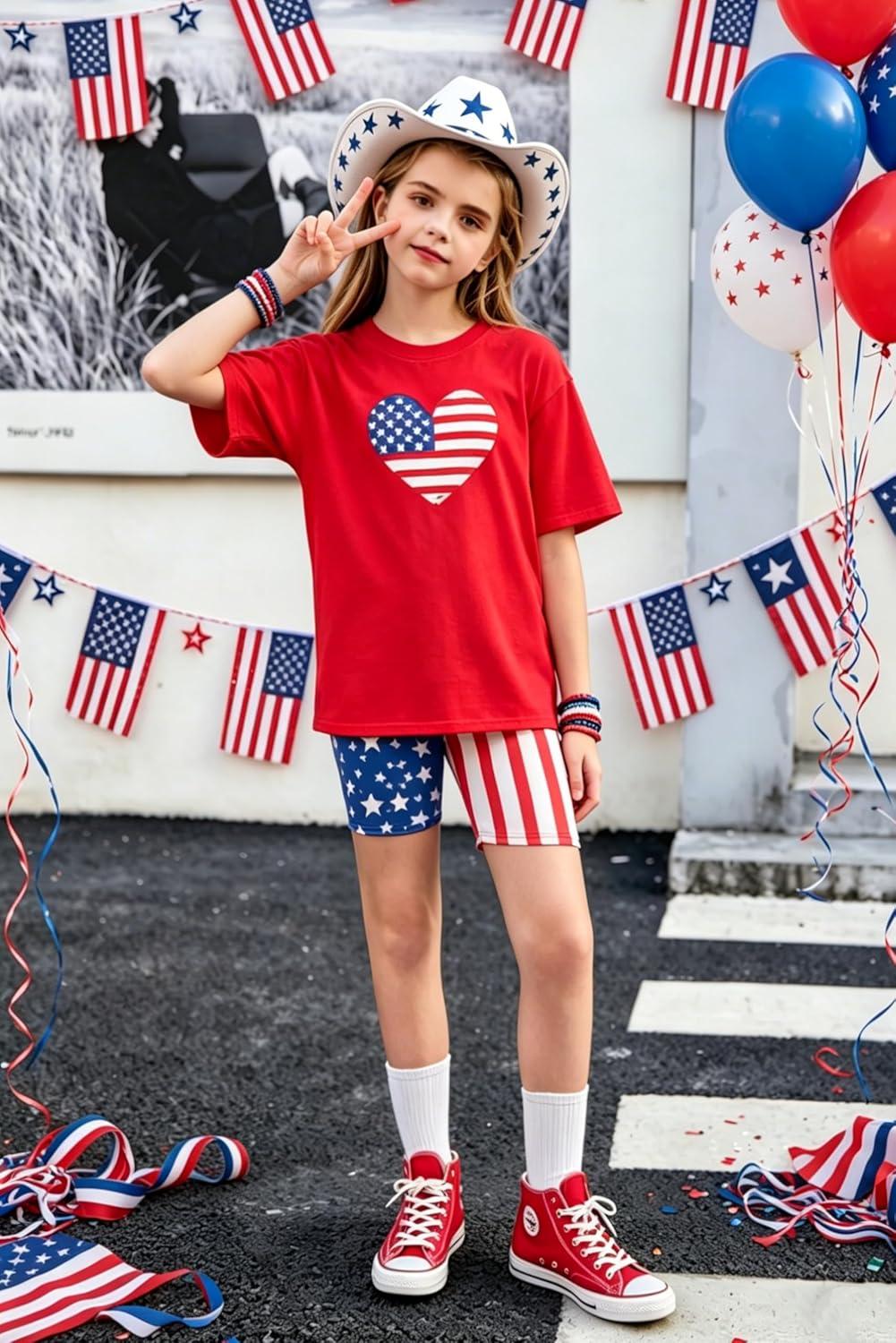 image:imageArshiner Girls Clothes Summer 2 Piece Outfits Drop Shoulder TShirts and Biker Shorts Kids Fashion Clothing SetsRedwhiteblue Star