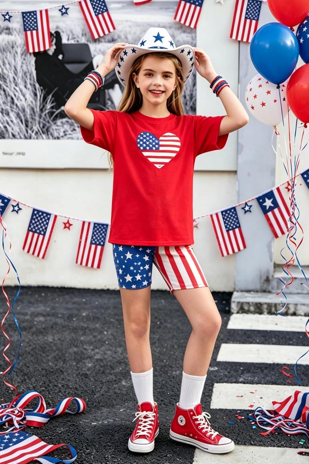 image:imageArshiner Girls Clothes Summer 2 Piece Outfits Drop Shoulder TShirts and Biker Shorts Kids Fashion Clothing SetsRedwhiteblue Star