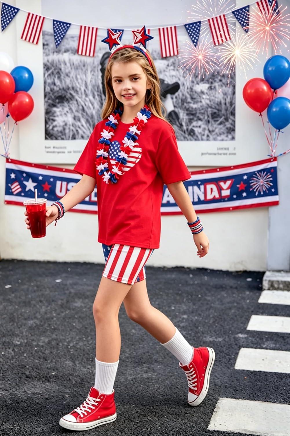 image:imageArshiner Girls Clothes Summer 2 Piece Outfits Drop Shoulder TShirts and Biker Shorts Kids Fashion Clothing SetsRedwhiteblue Star