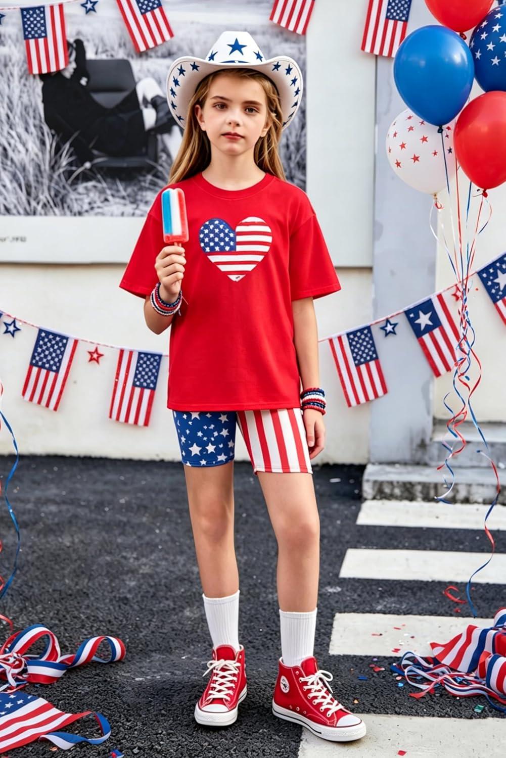 image:imageArshiner Girls Clothes Summer 2 Piece Outfits Drop Shoulder TShirts and Biker Shorts Kids Fashion Clothing SetsRedwhiteblue Star