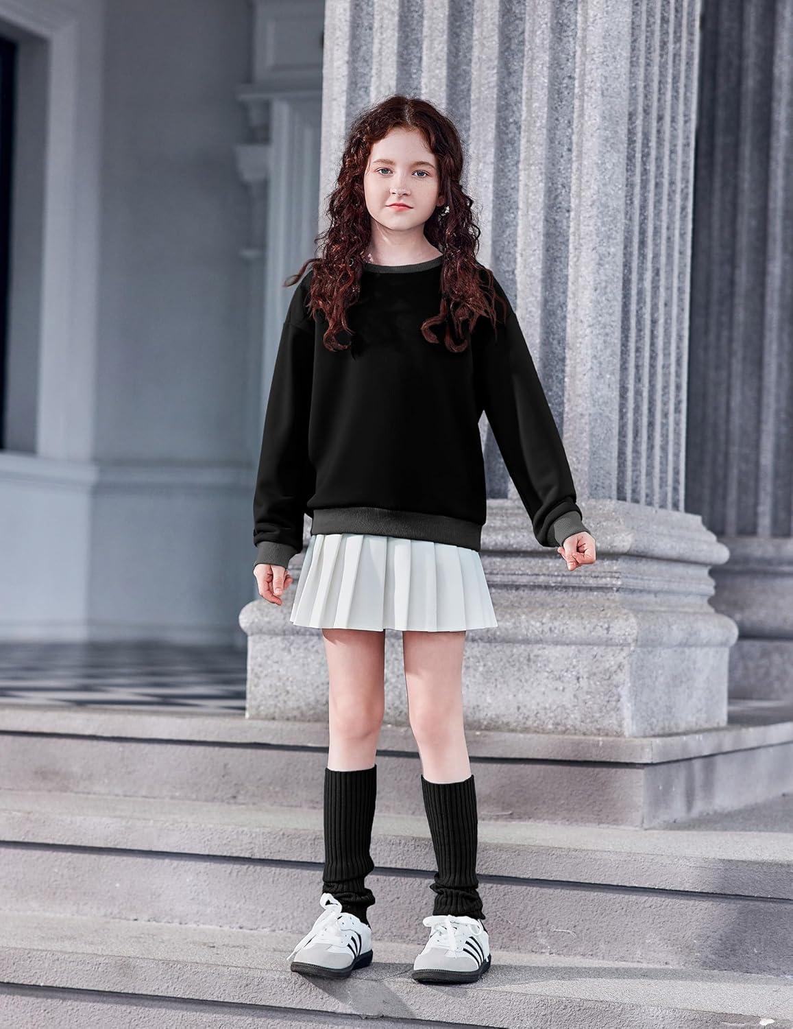 image:imageArshiner Girls Crewneck Sweatshirt Long Sleeve Pullover Tops Drop Shoulder Sweatshirts Color Block Ribbed TrimBlack