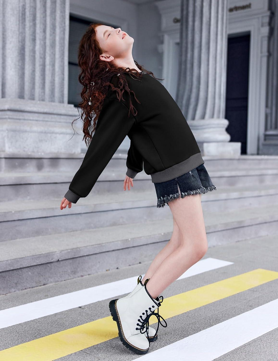 image:imageArshiner Girls Crewneck Sweatshirt Long Sleeve Pullover Tops Drop Shoulder Sweatshirts Color Block Ribbed TrimBlack