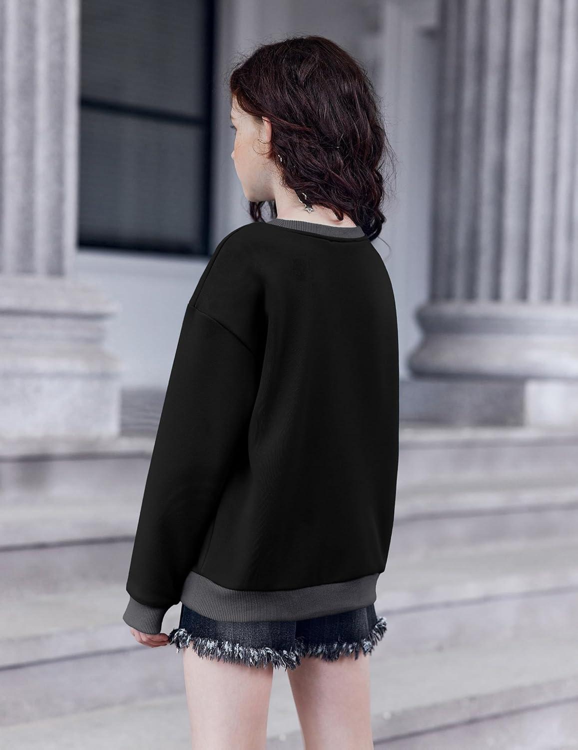 image:imageArshiner Girls Crewneck Sweatshirt Long Sleeve Pullover Tops Drop Shoulder Sweatshirts Color Block Ribbed TrimBlack