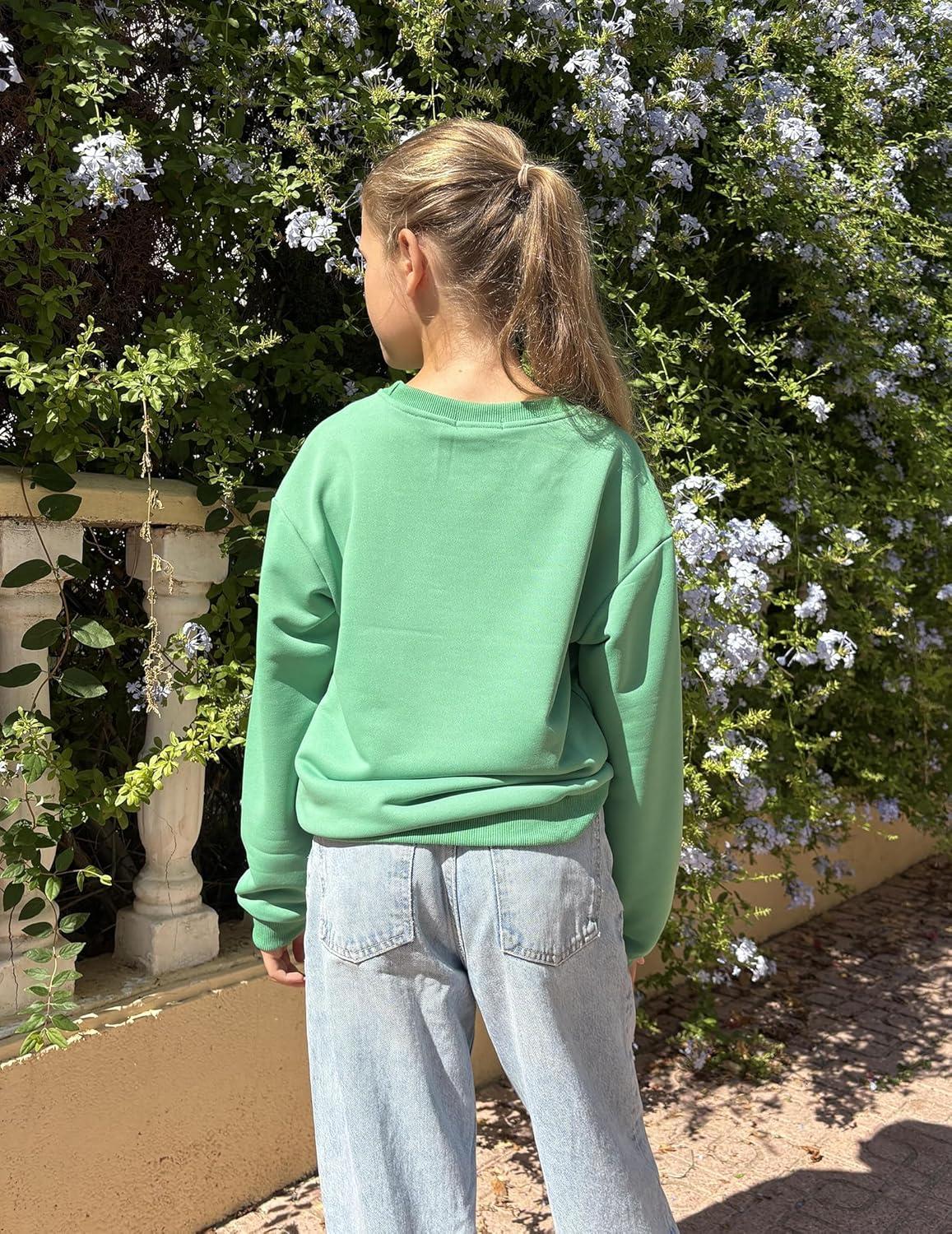 image:imageArshiner Girls Crewneck Sweatshirt Long Sleeve Pullover Tops Drop Shoulder Sweatshirts Color Block Ribbed TrimGreen