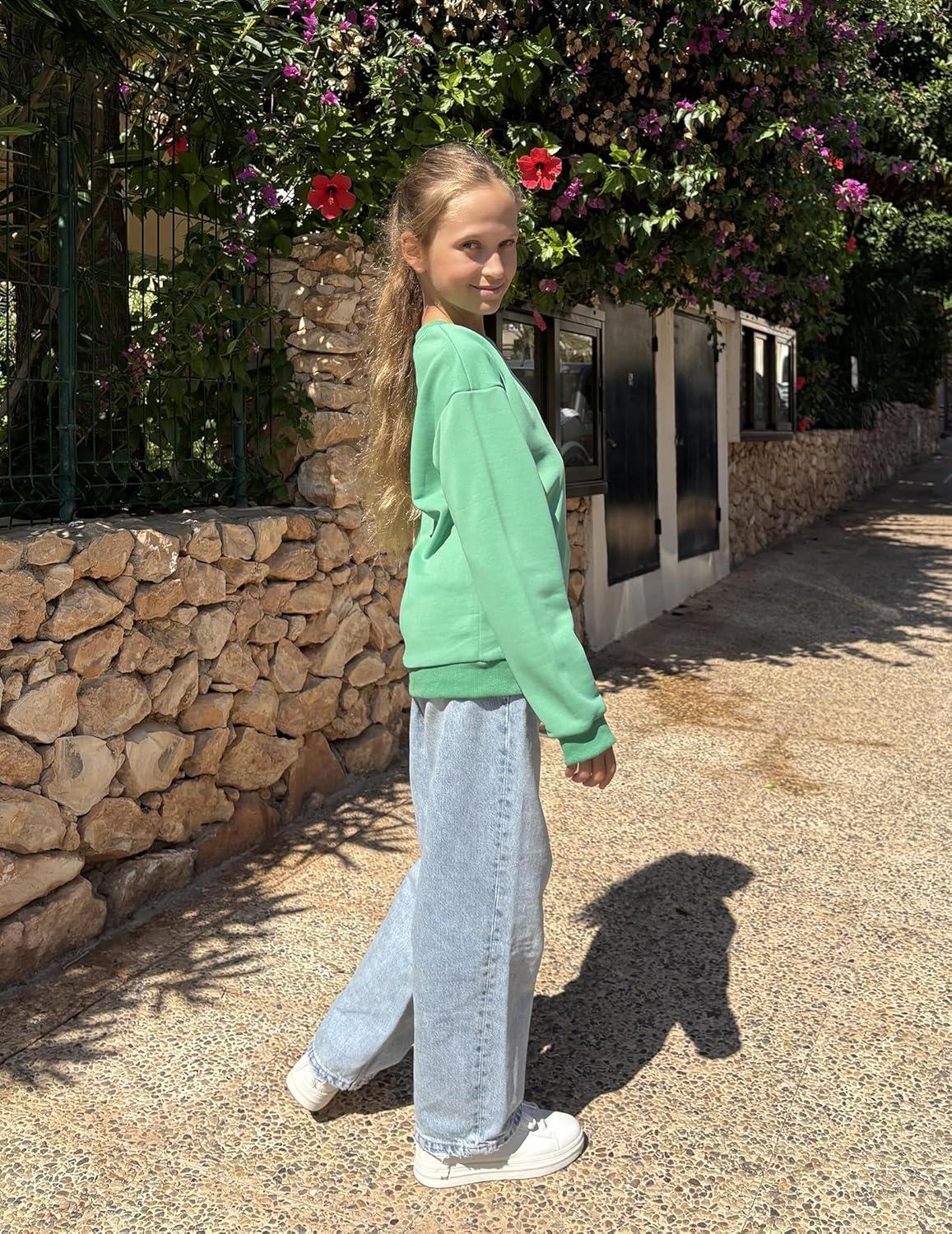 image:imageArshiner Girls Crewneck Sweatshirt Long Sleeve Pullover Tops Drop Shoulder Sweatshirts Color Block Ribbed TrimGreen