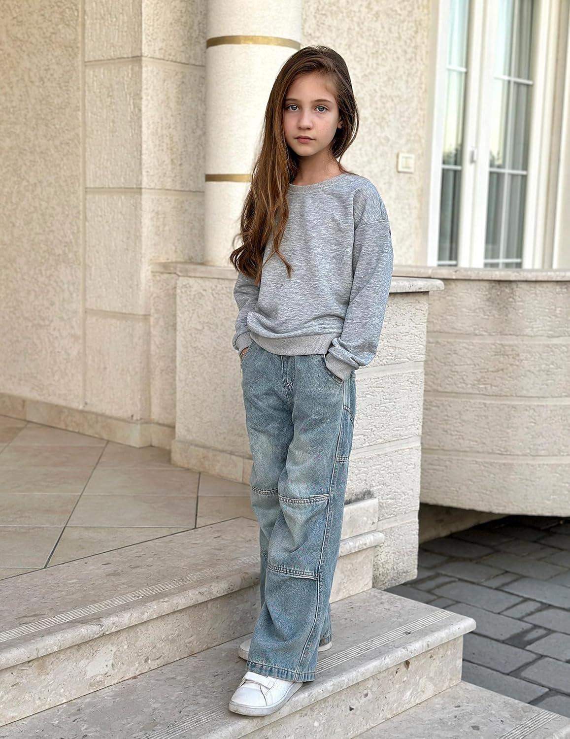 image:imageArshiner Girls Crewneck Sweatshirt Long Sleeve Pullover Tops Drop Shoulder Sweatshirts Color Block Ribbed TrimGrey