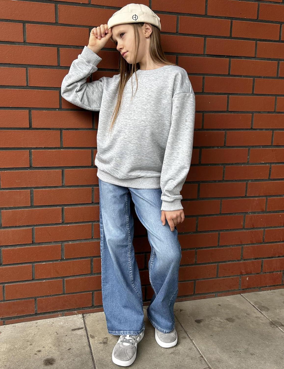 image:imageArshiner Girls Crewneck Sweatshirt Long Sleeve Pullover Tops Drop Shoulder Sweatshirts Color Block Ribbed TrimGrey
