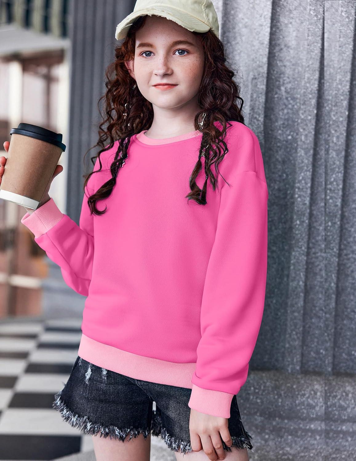 image:imageArshiner Girls Crewneck Sweatshirt Long Sleeve Pullover Tops Drop Shoulder Sweatshirts Color Block Ribbed TrimHot Pink
