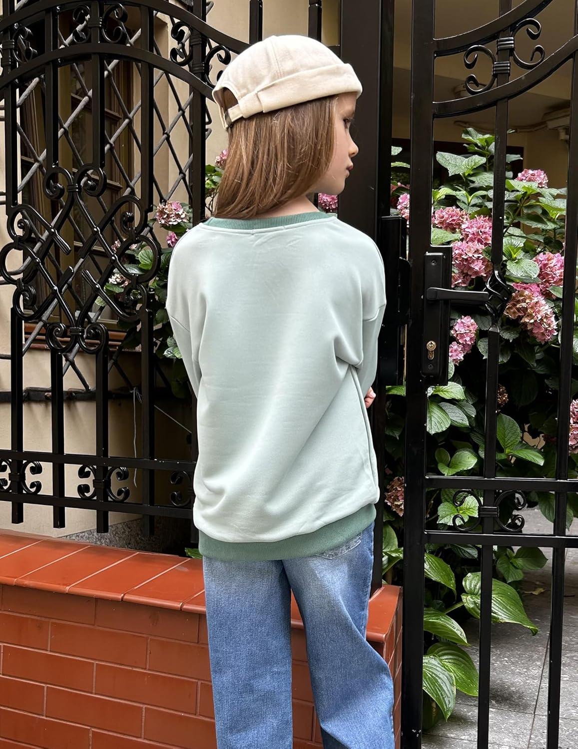image:imageArshiner Girls Crewneck Sweatshirt Long Sleeve Pullover Tops Drop Shoulder Sweatshirts Color Block Ribbed TrimLight Green Blue