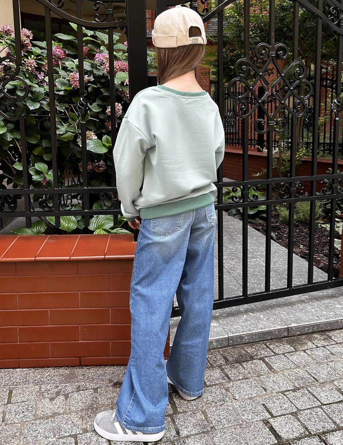 image:imageArshiner Girls Crewneck Sweatshirt Long Sleeve Pullover Tops Drop Shoulder Sweatshirts Color Block Ribbed TrimLight Green Blue