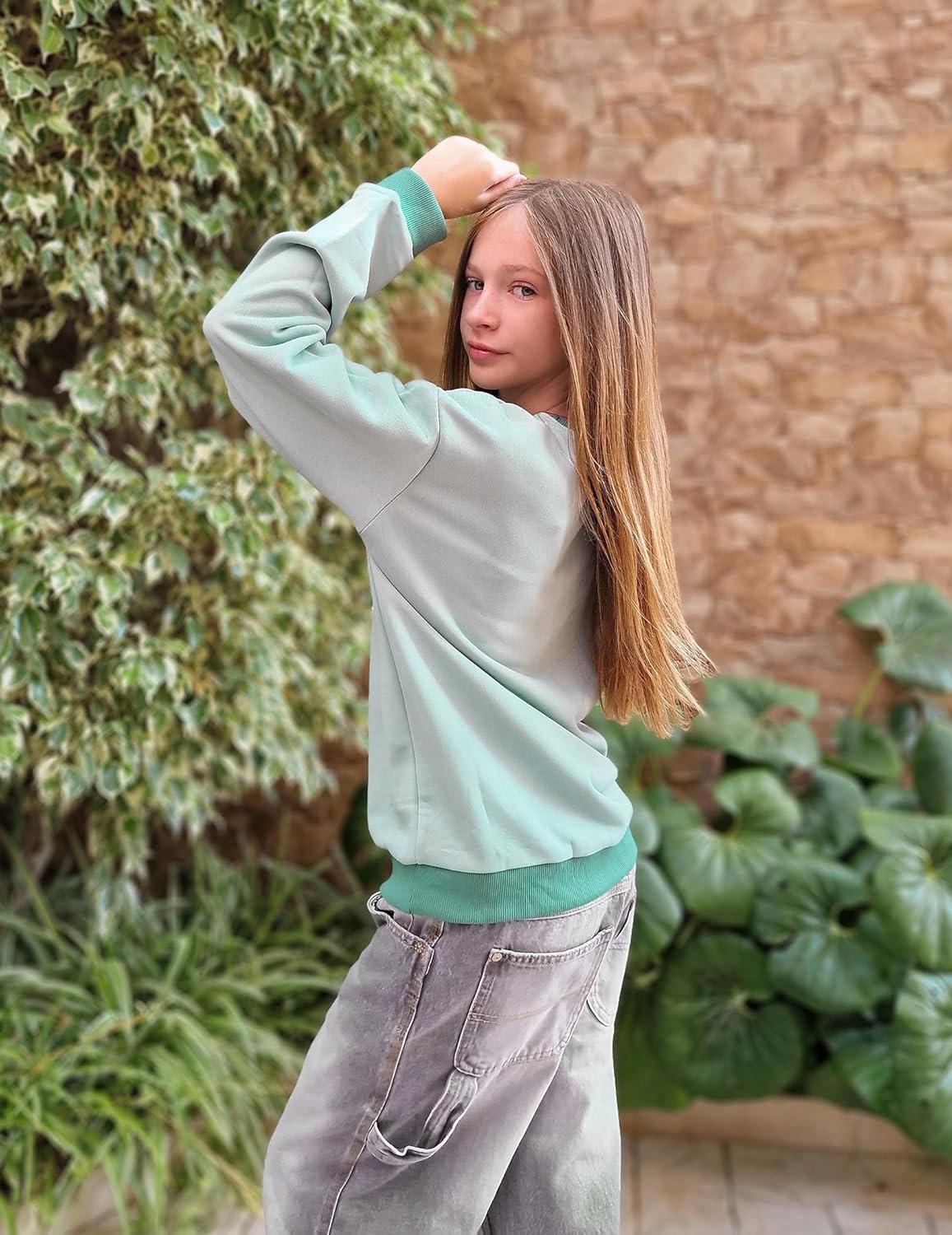 image:imageArshiner Girls Crewneck Sweatshirt Long Sleeve Pullover Tops Drop Shoulder Sweatshirts Color Block Ribbed TrimLight Green Blue