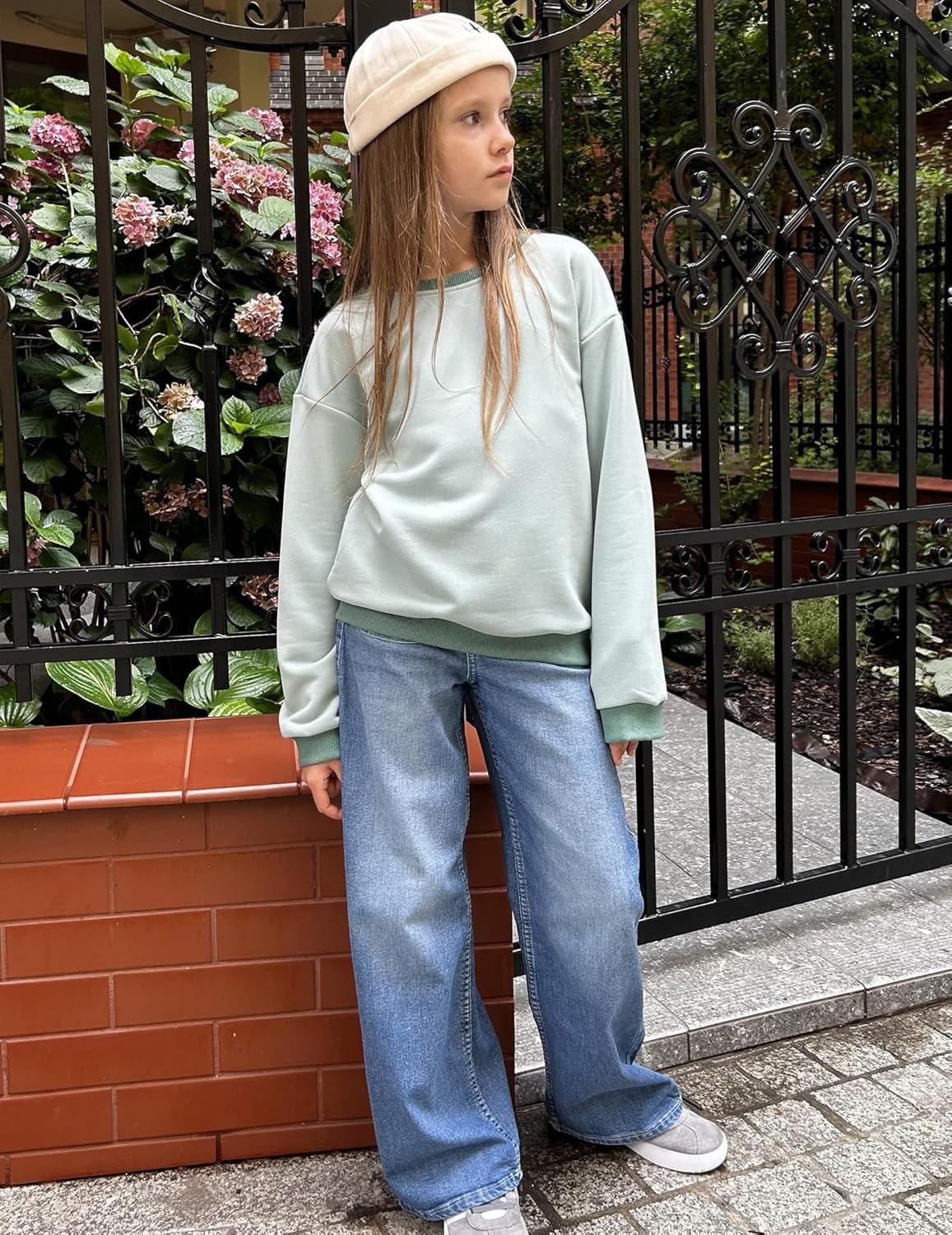 image:imageArshiner Girls Crewneck Sweatshirt Long Sleeve Pullover Tops Drop Shoulder Sweatshirts Color Block Ribbed TrimLight Green Blue