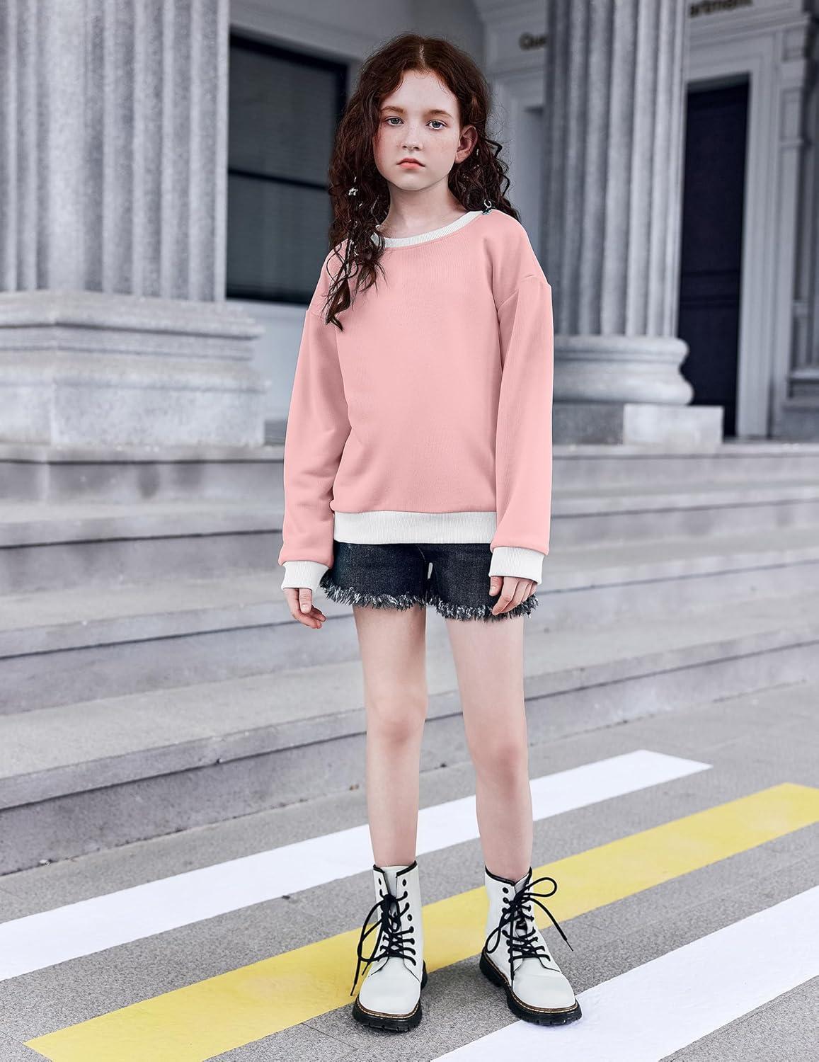 image:imageArshiner Girls Crewneck Sweatshirt Long Sleeve Pullover Tops Drop Shoulder Sweatshirts Color Block Ribbed TrimPink
