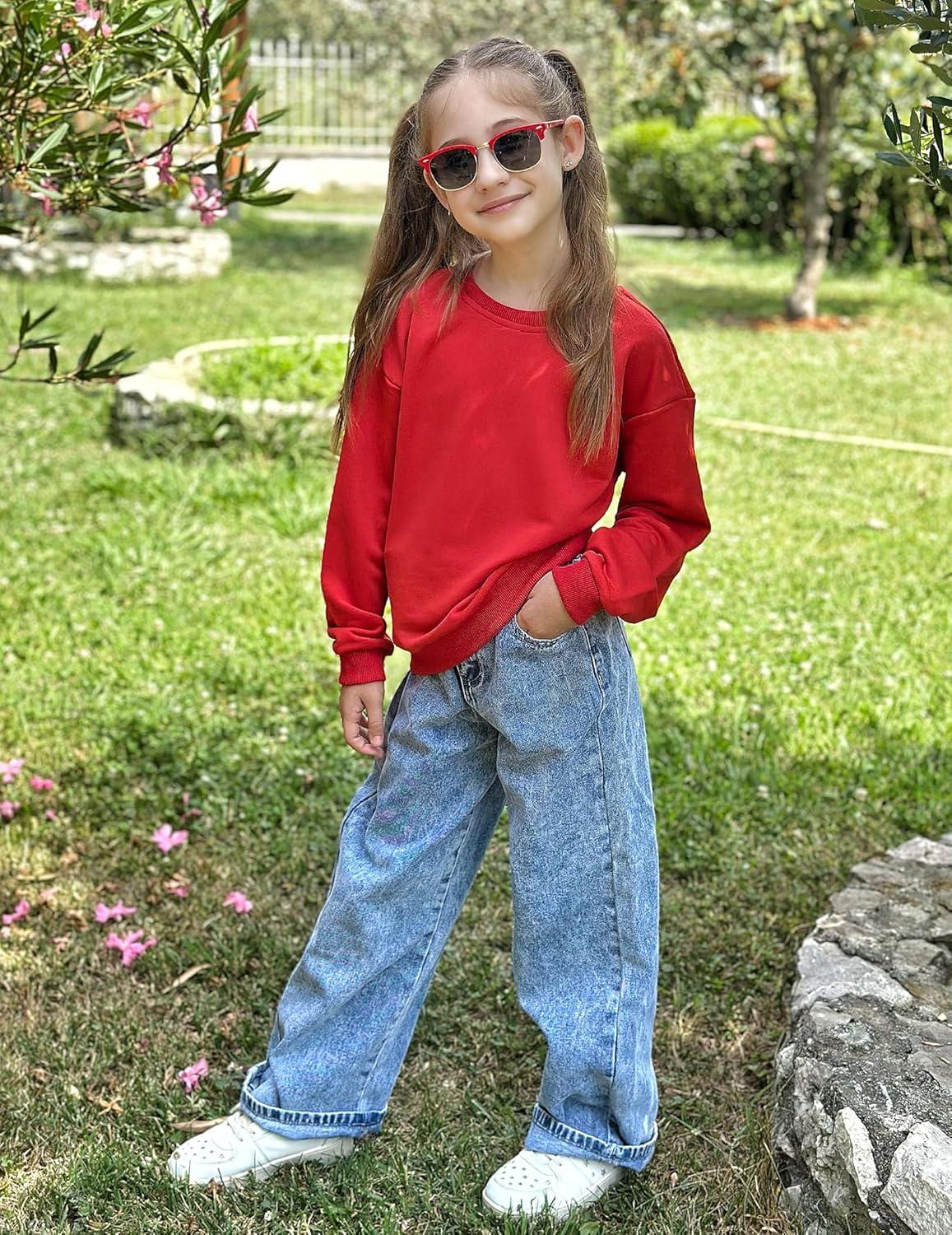 image:imageArshiner Girls Crewneck Sweatshirt Long Sleeve Pullover Tops Drop Shoulder Sweatshirts Color Block Ribbed TrimRed