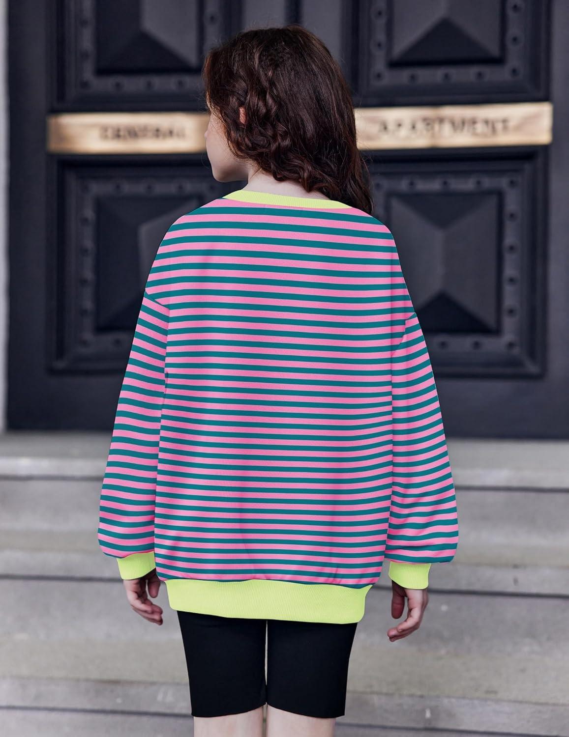 image:imageArshiner Girls Oversized Striped Crewneck Sweatshirt Long Sleeve Color Block Pullover Tops Fall Casual ClothesBlue Pink Stripe