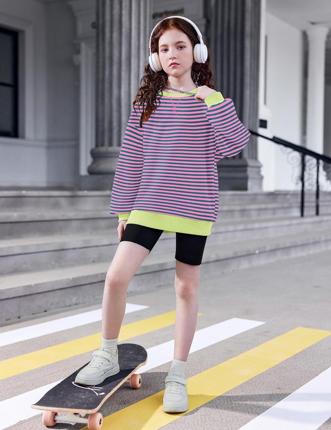 image:imageArshiner Girls Oversized Striped Crewneck Sweatshirt Long Sleeve Color Block Pullover Tops Fall Casual ClothesBlue Pink Stripe