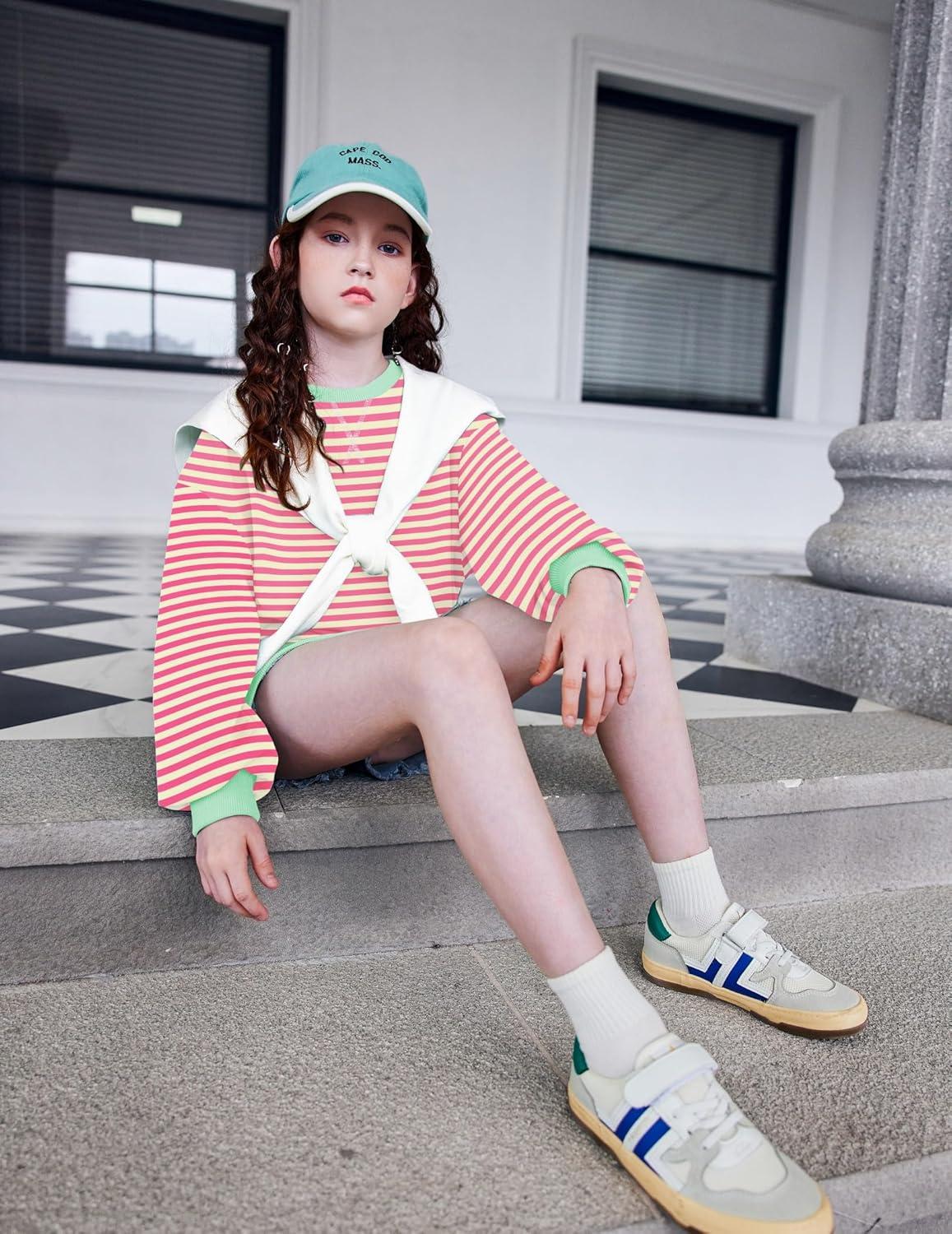 image:imageArshiner Girls Oversized Striped Crewneck Sweatshirt Long Sleeve Color Block Pullover Tops Fall Casual ClothesPink Apricot Stripe