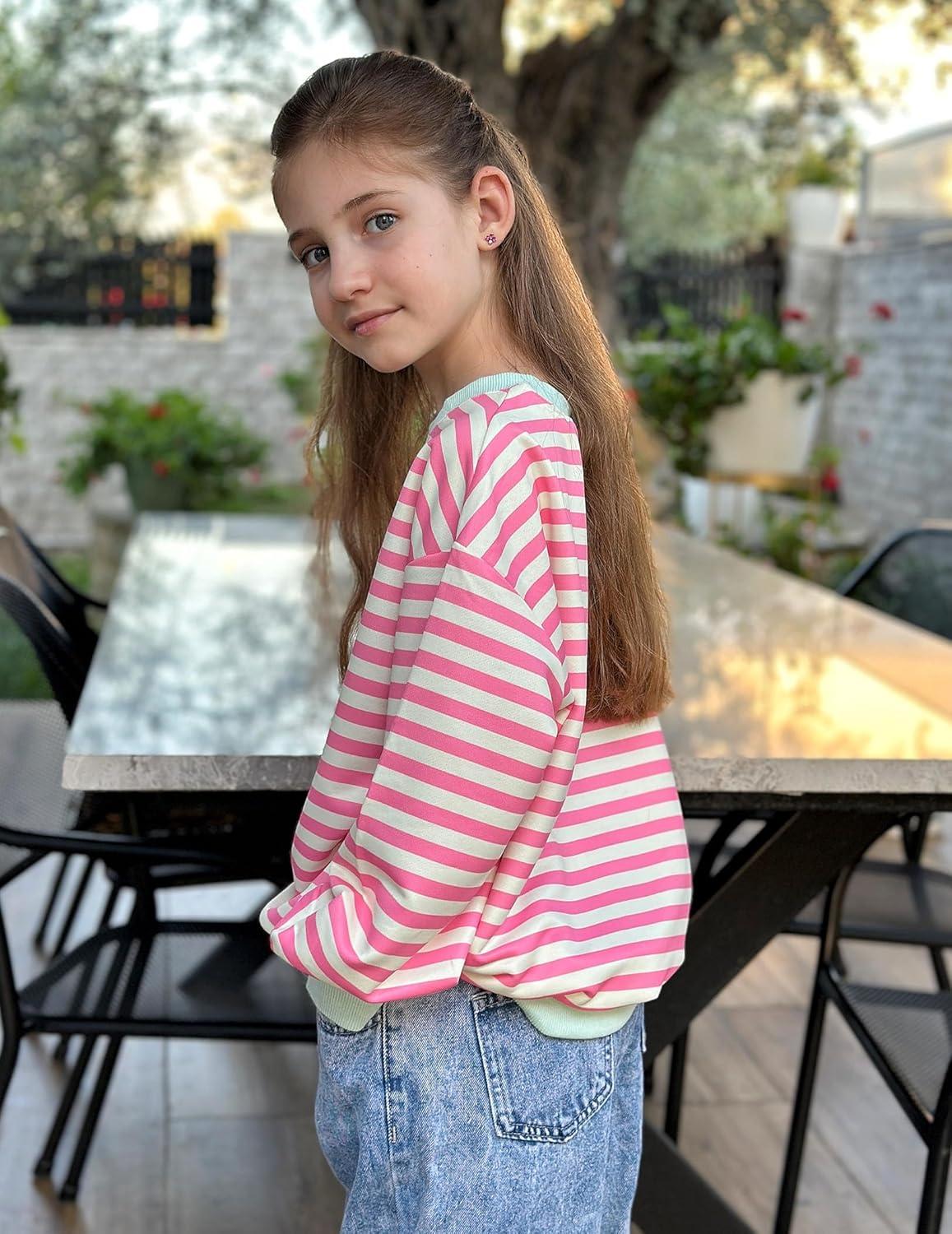 image:imageArshiner Girls Oversized Striped Crewneck Sweatshirt Long Sleeve Color Block Pullover Tops Fall Casual ClothesPink Apricot Stripe