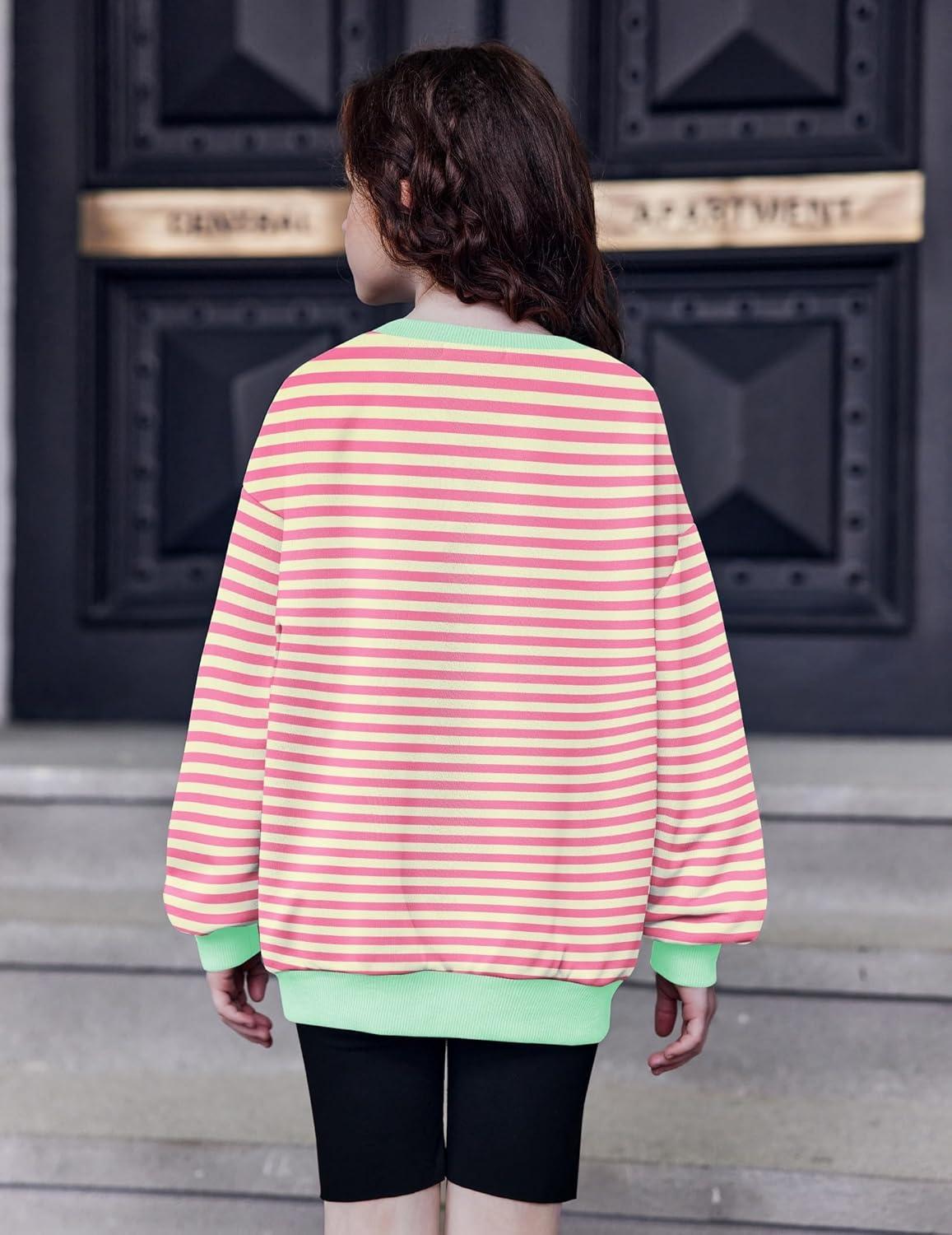 image:imageArshiner Girls Oversized Striped Crewneck Sweatshirt Long Sleeve Color Block Pullover Tops Fall Casual ClothesPink Apricot Stripe