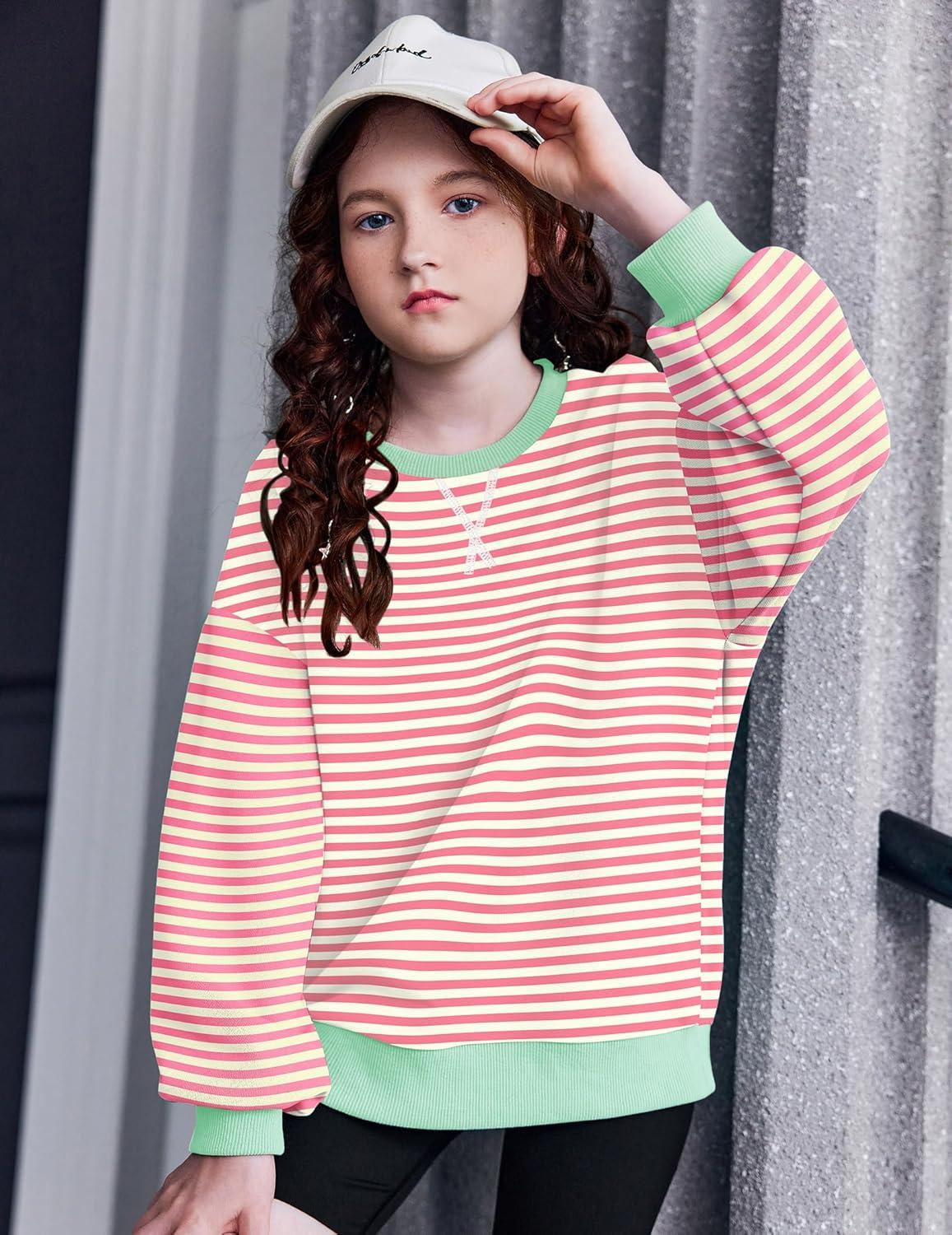 image:imageArshiner Girls Oversized Striped Crewneck Sweatshirt Long Sleeve Color Block Pullover Tops Fall Casual ClothesPink Apricot Stripe