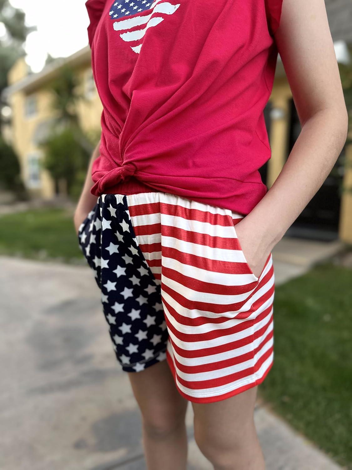image:imageArshiner Girls Shorts Sets 2 Pieces Outfits Twist Front Ruffle Sleeve TShirts and Shorts With Pockets Cute Clothes SetsAmerican Flag