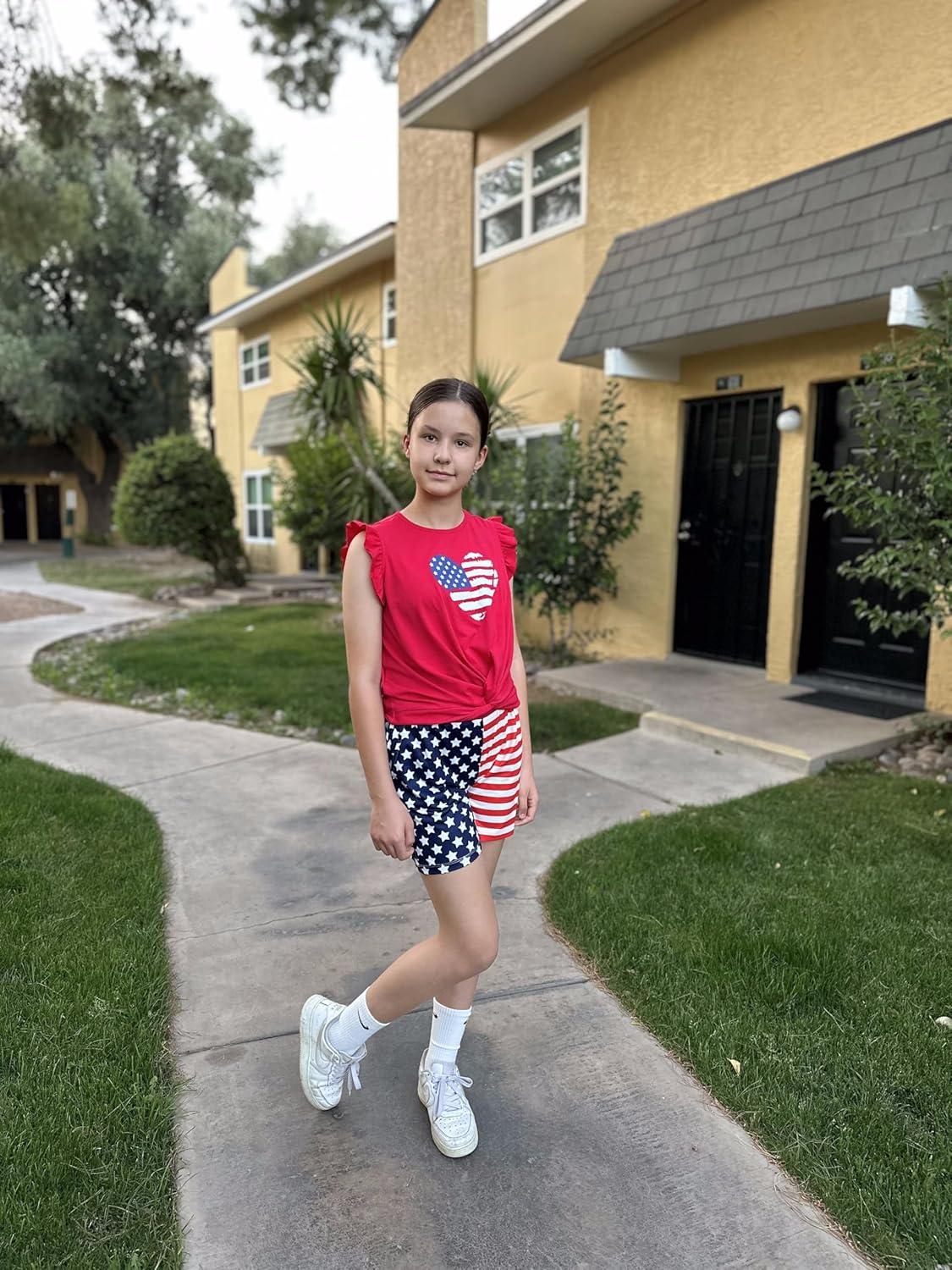 image:imageArshiner Girls Shorts Sets 2 Pieces Outfits Twist Front Ruffle Sleeve TShirts and Shorts With Pockets Cute Clothes SetsAmerican Flag
