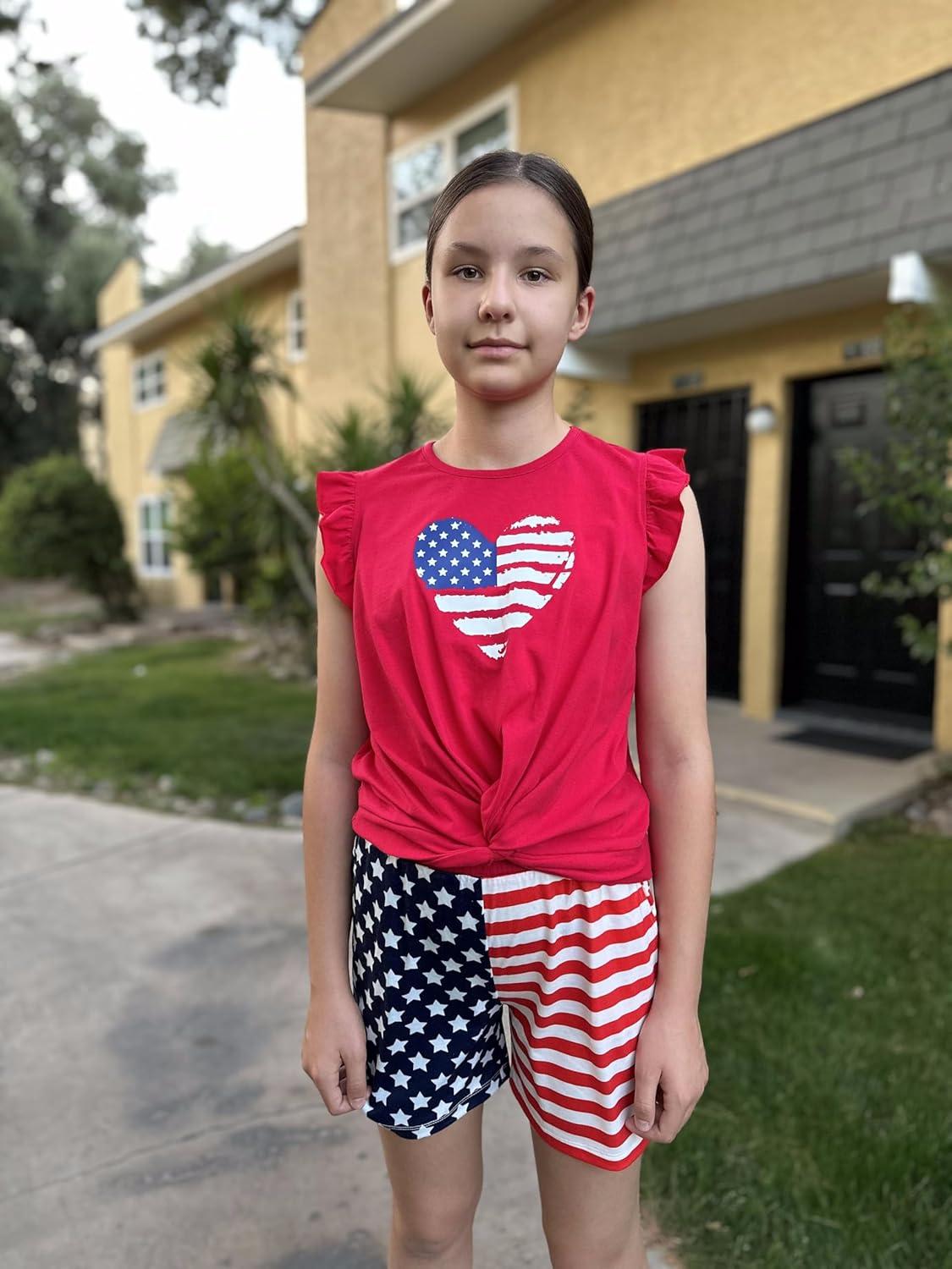 image:imageArshiner Girls Shorts Sets 2 Pieces Outfits Twist Front Ruffle Sleeve TShirts and Shorts With Pockets Cute Clothes SetsAmerican Flag