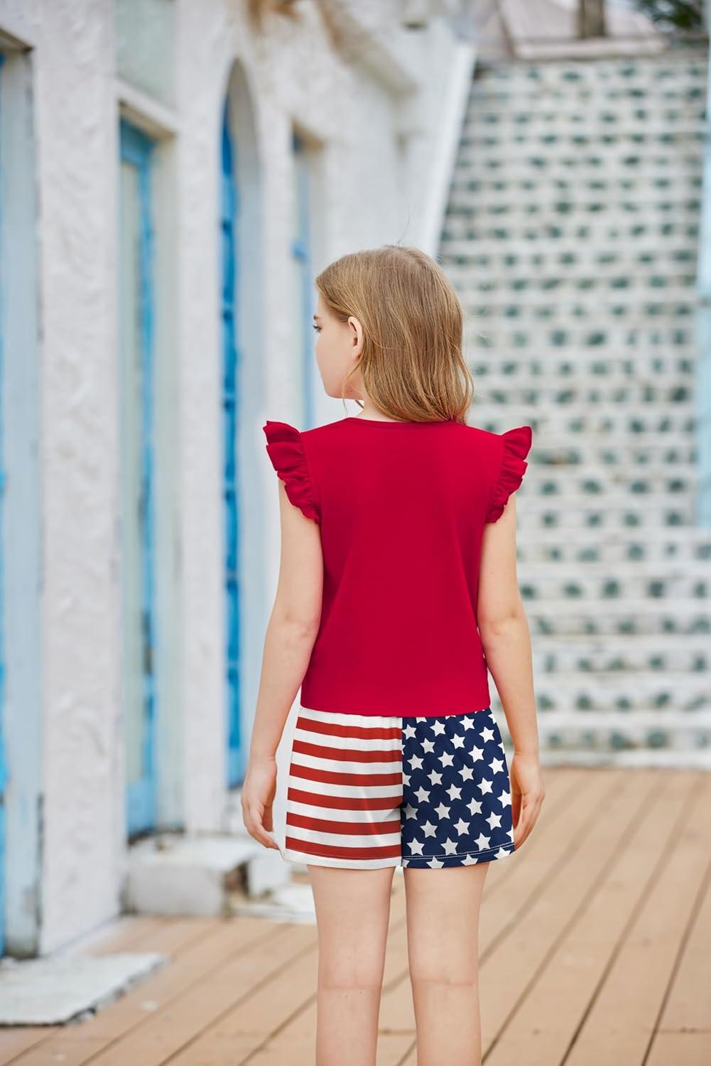 image:imageArshiner Girls Shorts Sets 2 Pieces Outfits Twist Front Ruffle Sleeve TShirts and Shorts With Pockets Cute Clothes SetsAmerican Flag