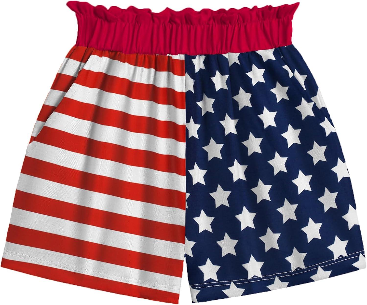 image:imageArshiner Girls Shorts Sets 2 Pieces Outfits Twist Front Ruffle Sleeve TShirts and Shorts With Pockets Cute Clothes SetsAmerican Flag