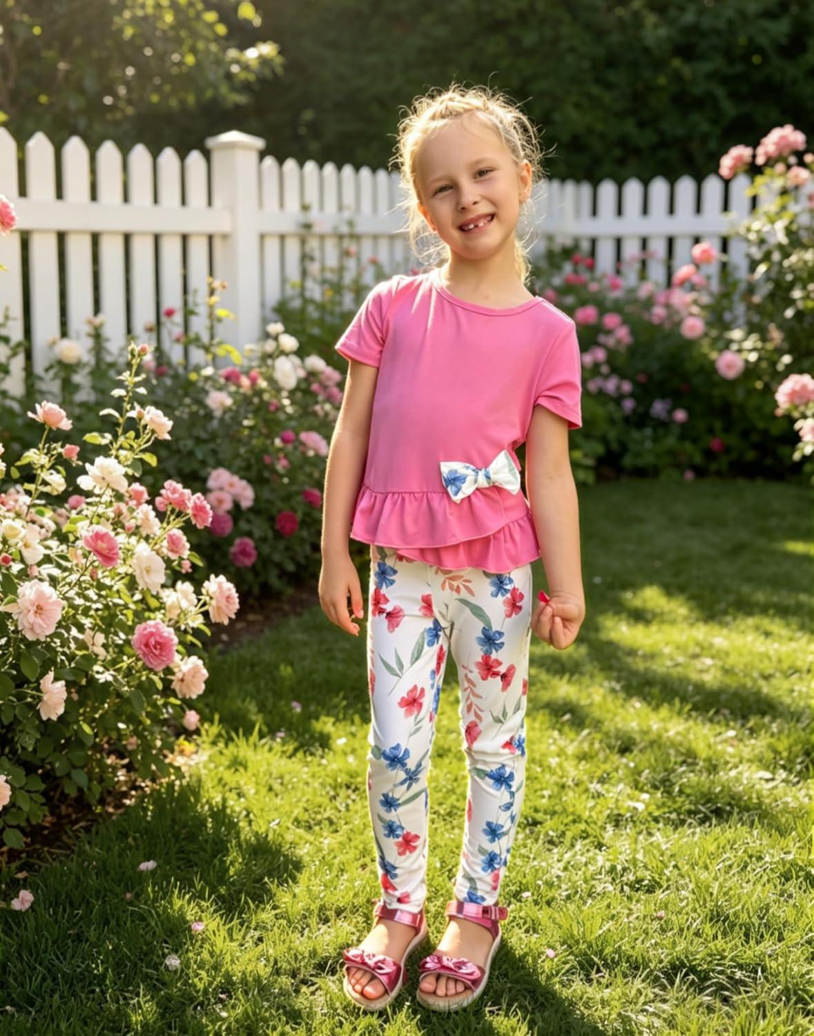 image:imageArshiner Toddler Girl Clothes Summer 2 Piece Outfits Ruffle Hem Short Sleeve Top and Printed Leggings Kids Clothing SetsPink Flroal